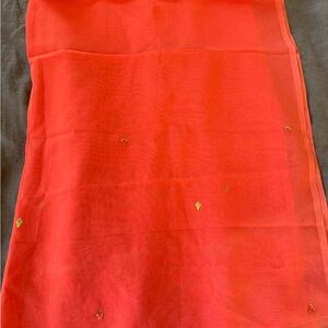 Vibrant coral red pure silk georgette hand embroidered Sheer Scarf